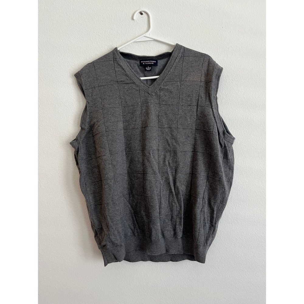 Roundtree & Yorke Mens Grey V-Neck Grid Textured Sweater Vest Size Large Cotton